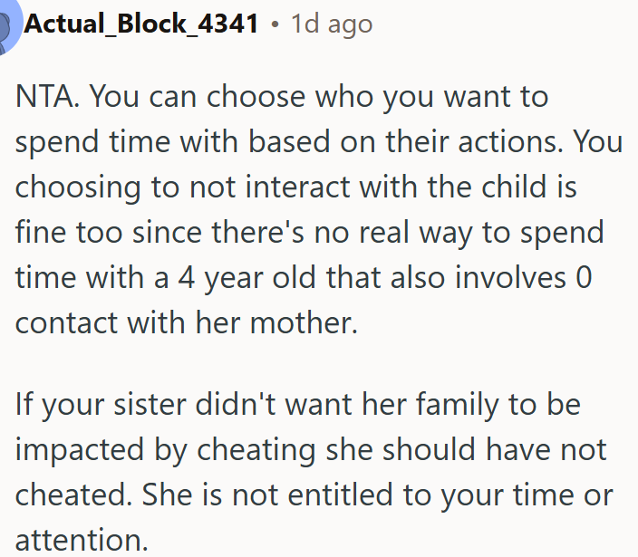 Not OP's fault for avoiding time with sister who cheated and expecting family attention.