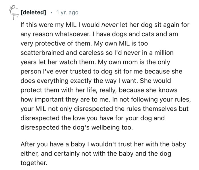 “After you have a baby, I wouldn't trust her with the baby either, and certainly not with the baby and the dog together.”