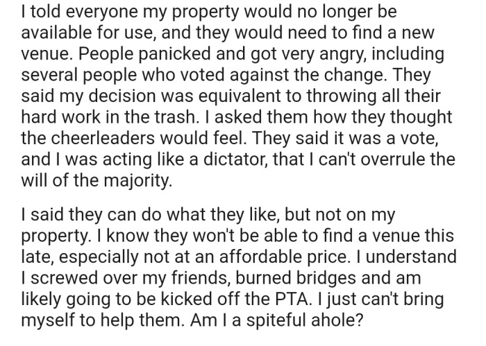 Consequently, OP decided to withdraw their gesture. This upset a lot of people, especially since they had put in a lot of work in preparation for the program. In addition, finding a new venue would be difficult so late