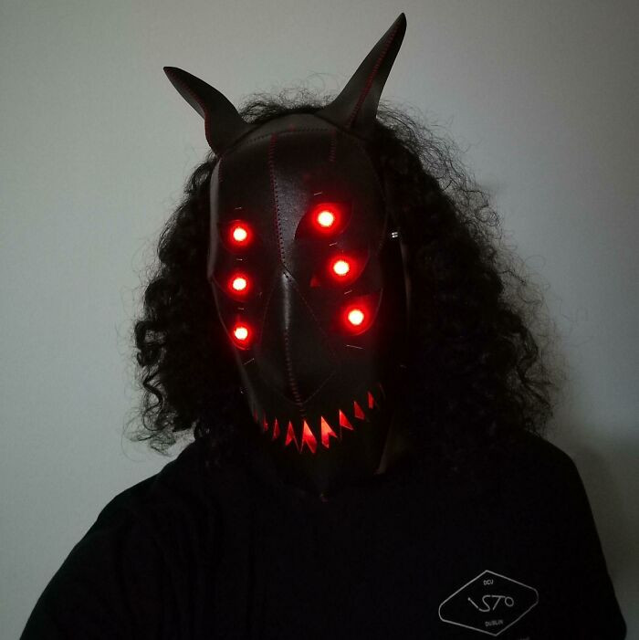 "Designed, Laser Cut And Hand Stitched A Leather Mask For Halloween"