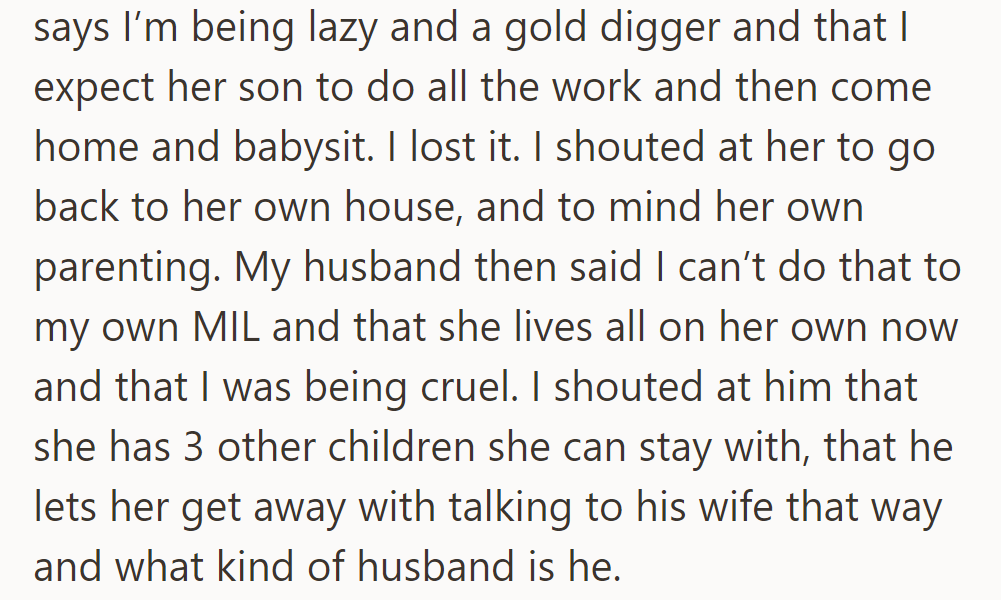 MIL accused her of laziness and being a gold digger. She told her to go home, sparking a heated argument with her husband about respect and boundaries.