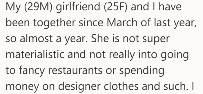 He starts by describing their relationship as stable and low-key, emphasizing how little she usually cares about money or appearances.