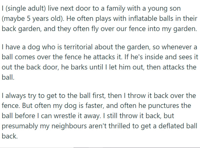 They live in a suburban area next to a family with a 5-year-old son. His ball often ends up in OP's yard, where the dog destroys it.