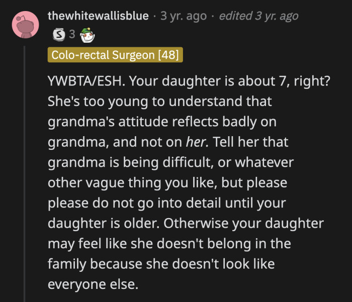 OP's 7-year-old is really too young to understand the racial aspect of her not-grandma's disapproval
