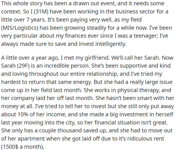 OP is a savvy, well-established businessman who meets a caring girlfriend facing financial struggles after job loss.