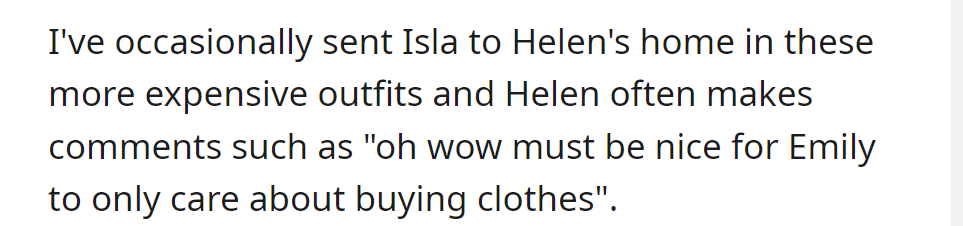 He sends Isla in pricey outfits; Helen comments on Emily's focus on clothing.