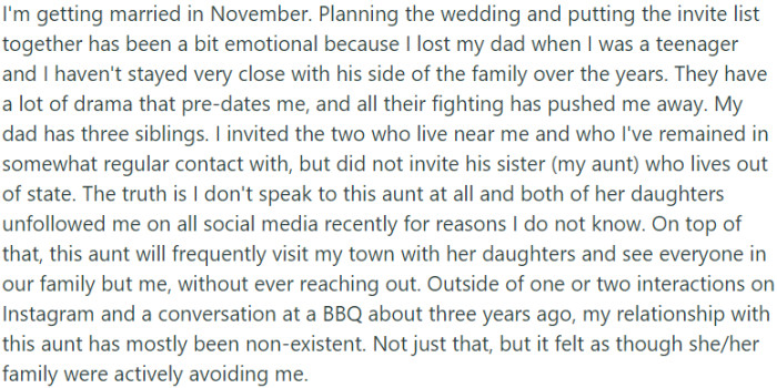 OP getting married has a strained relationship with her father's side of the family, particularly with an aunt who has shown little interest in maintaining a connection