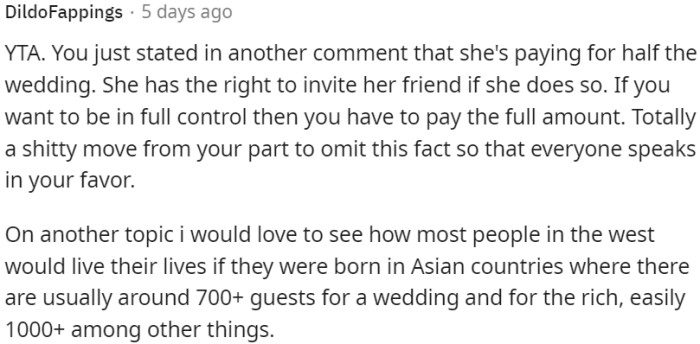 The mother has a right to invite guests if she is paying for part of the wedding