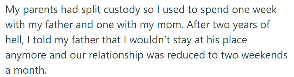 OP cuts down time with father to two weekends a month due to unbearable conditions.