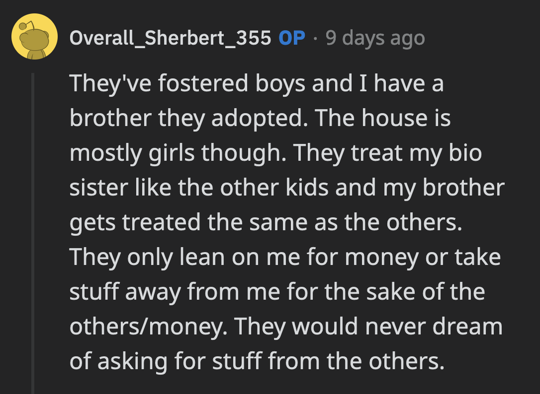 OP said his parents' favoritism was not about gender. They singled him out as the family's sacrificial lamb for reasons unknown to him.