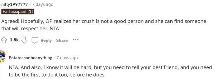 A lot of people seemed to agree with the comment and said that hopefully OP will realize her crush isn't that great of a person.