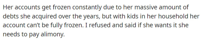 OP's mother's accounts freeze due to debts, but having children prevents complete freezing.