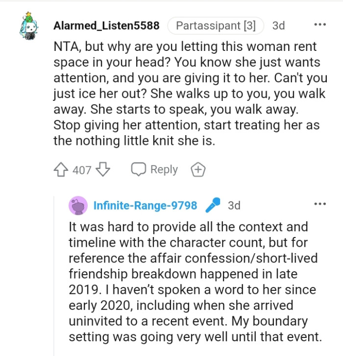 When she starts to speak, the OP should walk away