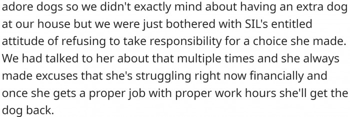 OP doesn't mind because she adores dogs. Her sister-in-law made various excuses for not taking the dog.