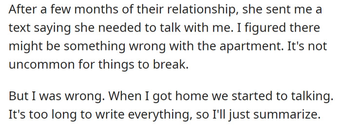 One day, she asked the OP if they could talk: