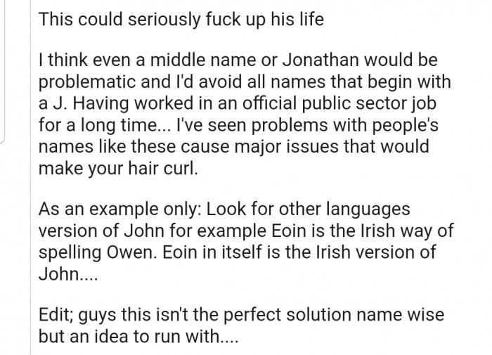 ...this Redditor continued by saying that the name could ruin the child's life