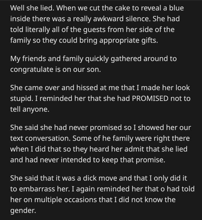 OP showed her their text exchange. She was proven to be a liar in front of the entire party.