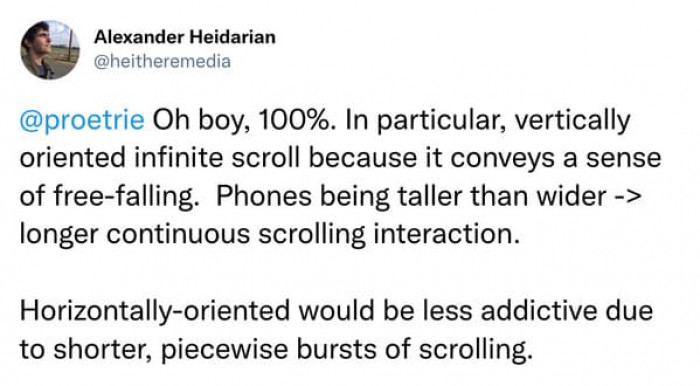 There is a reason for vertically oriented infinite scroll.