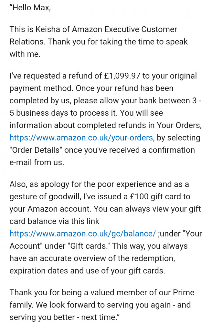 Max got a refund and something to pacify him for the bad experience