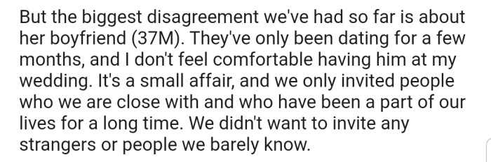 The Biggest Argument Came When OP Refused to Invite Her Sister's Boyfriend to Her Wedding