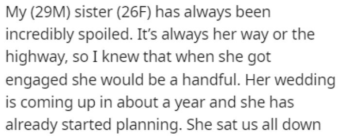 OP's sister has always been spoiled