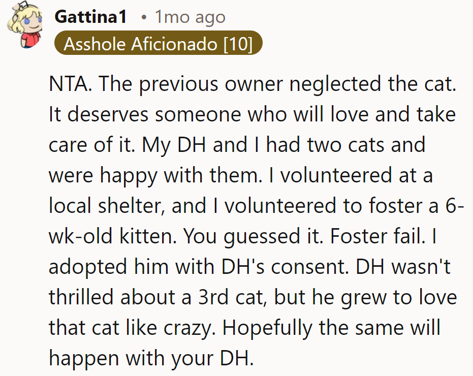 With a new cat in the mix, maybe her husband's heart will follow suit. Here's to feline persuasion!