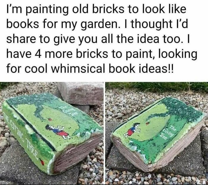 "Such A Creative Garden Idea — Painting Old Bricks To Look Like Books"