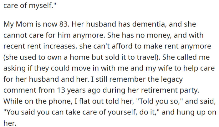 At 83, the OP's Mother Faced Financial Difficulties and Asked the OP for Help, but They Refused: