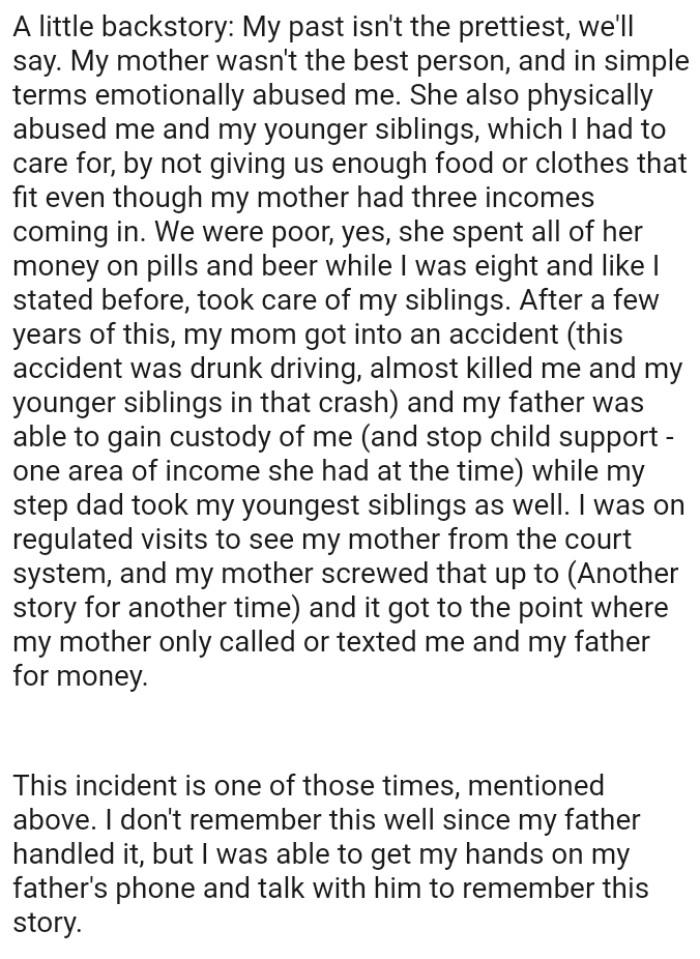 OP's mom spent all of her money on pills and beer