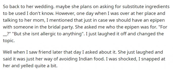 OP decided to have a chat with her friend's mom to see how they could better manage her allergies during the event. At that point, her friend's mom revealed that she doesn't have any allergies