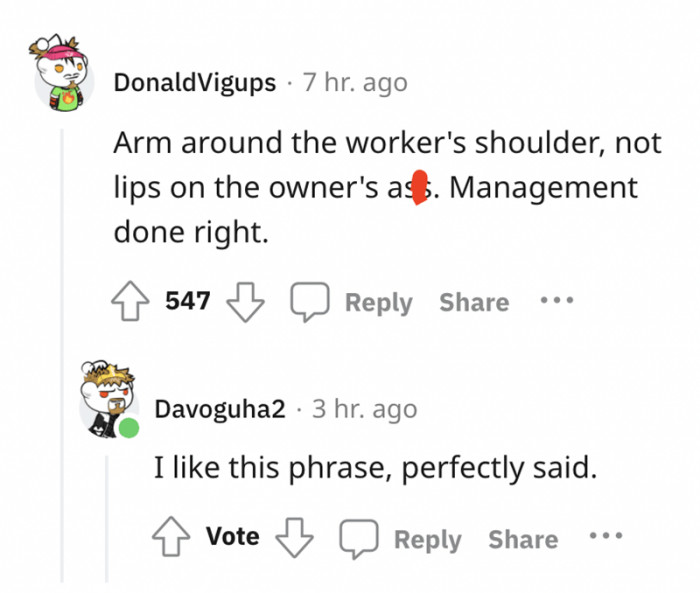 The people of the AntiWork community praised the manager for a job well done.