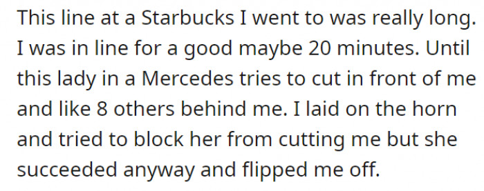 OP has been in line for quite some time now. A Mercedes cuts in front of them and 8 more cars behind OP’s.
