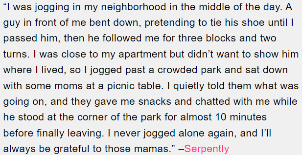 17. She sought refuge with some mothers in a park.