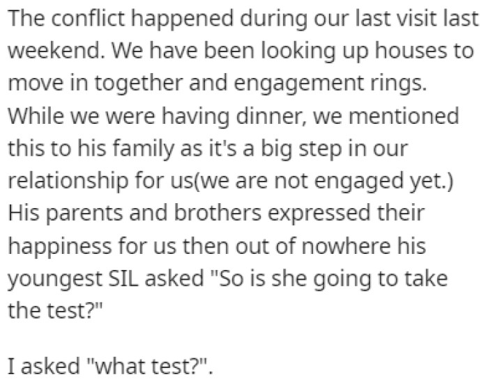 During OP's last visit to her boyfriend's family, OP found out about 'the test'