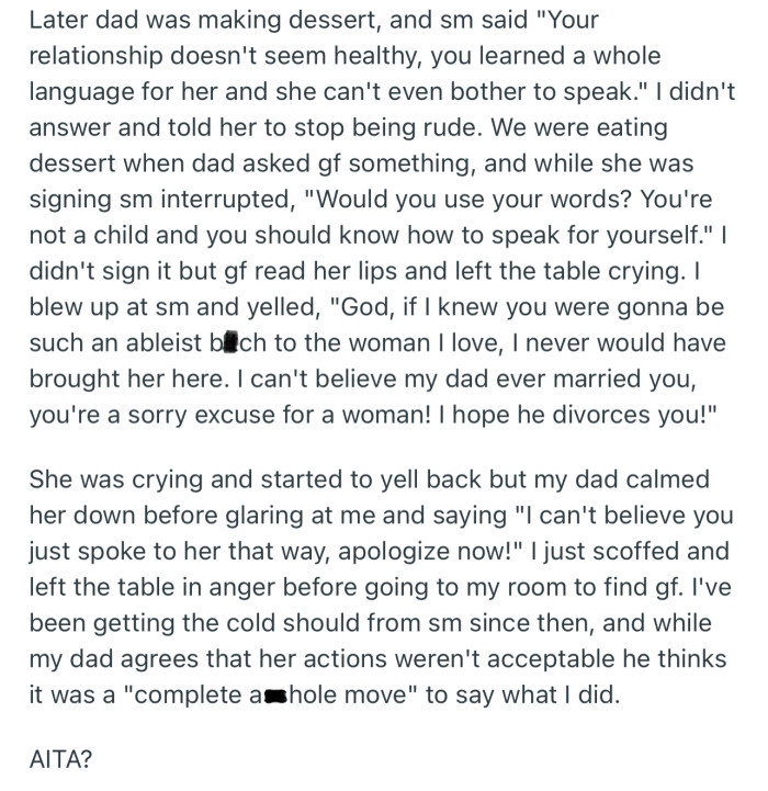 OP’s stepmom ended up making her girlfriend cry. And she made sure to hit back with some venomous words