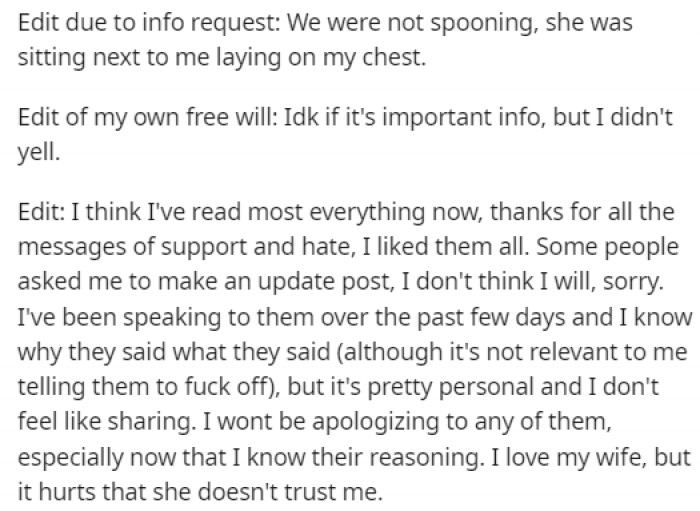 The father provided some edits to this story after other users requested more information, and he's quite clear about his plans to not apologize to anyone.