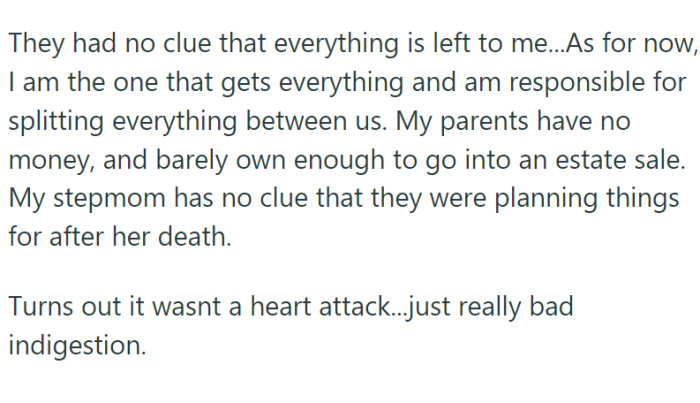 During a break to get some fresh air, the sisters-in-law began openly discussing how they would divide the stepmother's belongings.