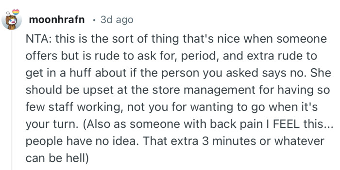 “NTA. She has a right to ask. You have a right to politely decline.”