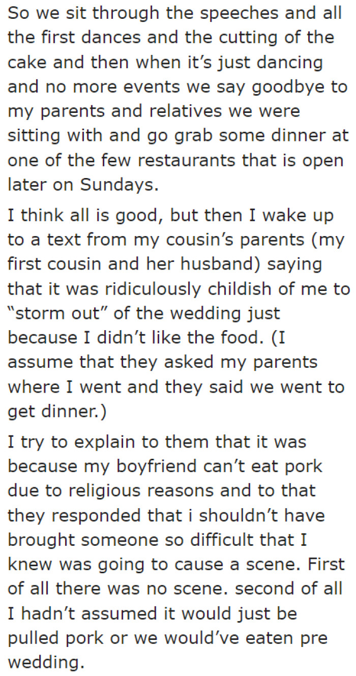 After Seeing That Only Pulled Pork Was Being Served, She and Her Boyfriend Decided to Leave.