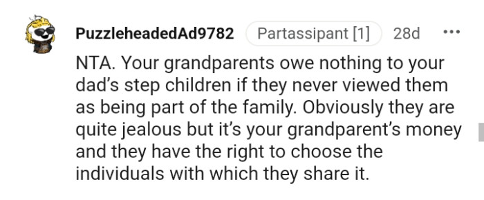 It is the grandparents' money and they choose who to give it to