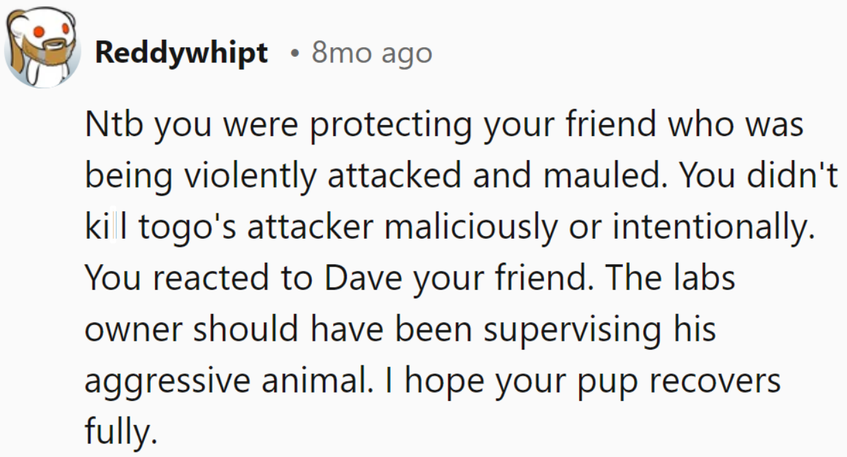 He acted to protect his friend's dog during a violent attack; it was a natural response.