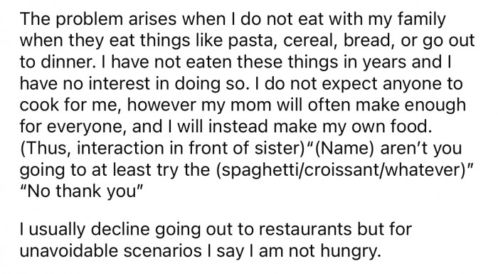 OP and her family have different eating habits that are not very compatible.