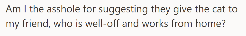 Is OP the asshole for suggesting her family give the cat to her well-off friend who works from home?