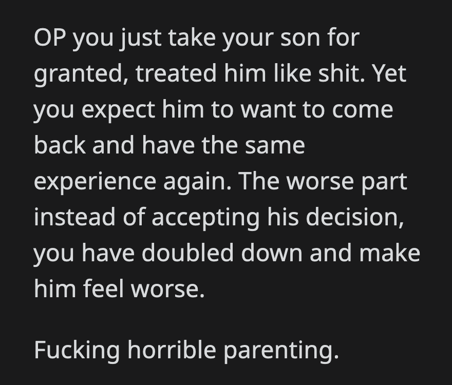 It's so manipulative that OP tried to emotionally blackmail her son into spending time with them when he didn't want to.