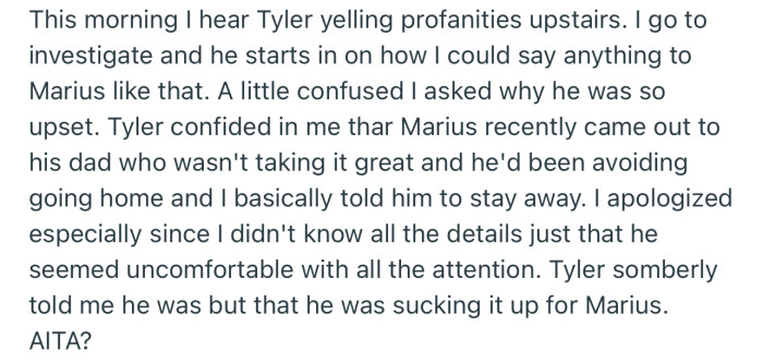 The next morning, OP was sad to discover that the reason Marius had been coming over that much was to avoid dealing with his unsupportive dad