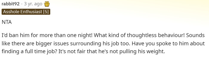 This person says that she's not the AH and that they would ban him for more than one night after that.