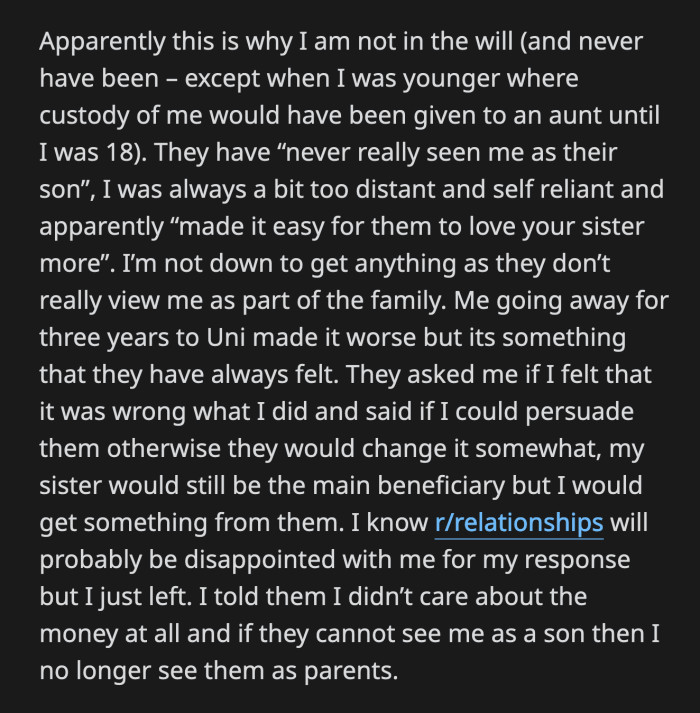 The Only Time OP Was in Their Will Was When He Was a Minor. They Removed Him as a Beneficiary After That. They Didn't Really See Him as a Child.