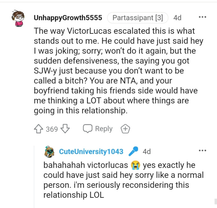 Boyfriend taking friend's side would make this redditor think a lot