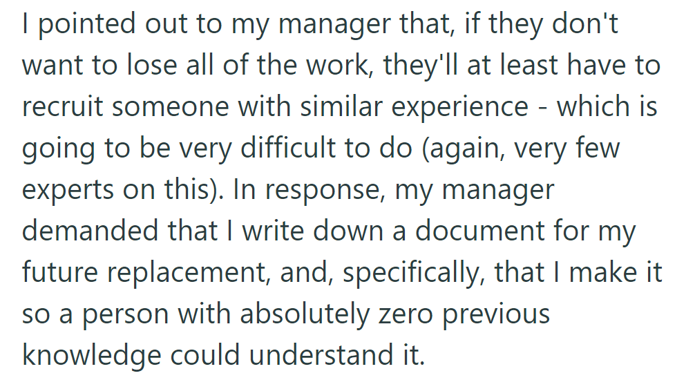 The manager insisted on a document for the replacement, emphasizing simplicity for someone without prior experience in the field.