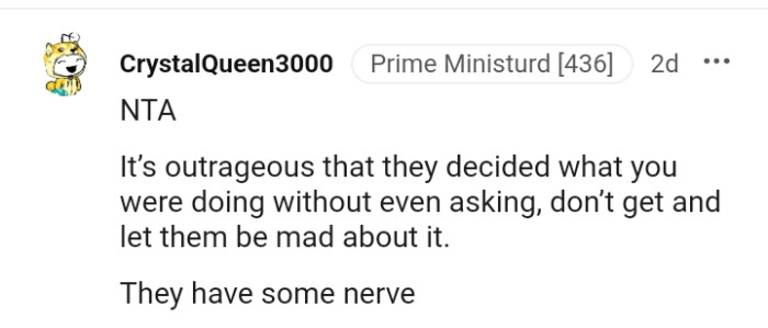 The OP's family really has some nerves